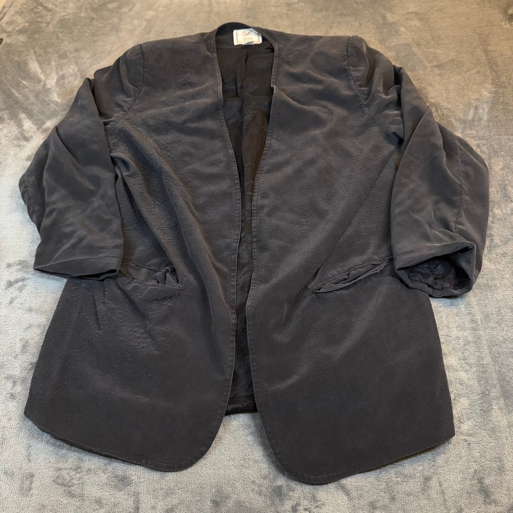 Studio L Washed Silk Blazer Womens Size 16 Black Oversized Open Front Vintage